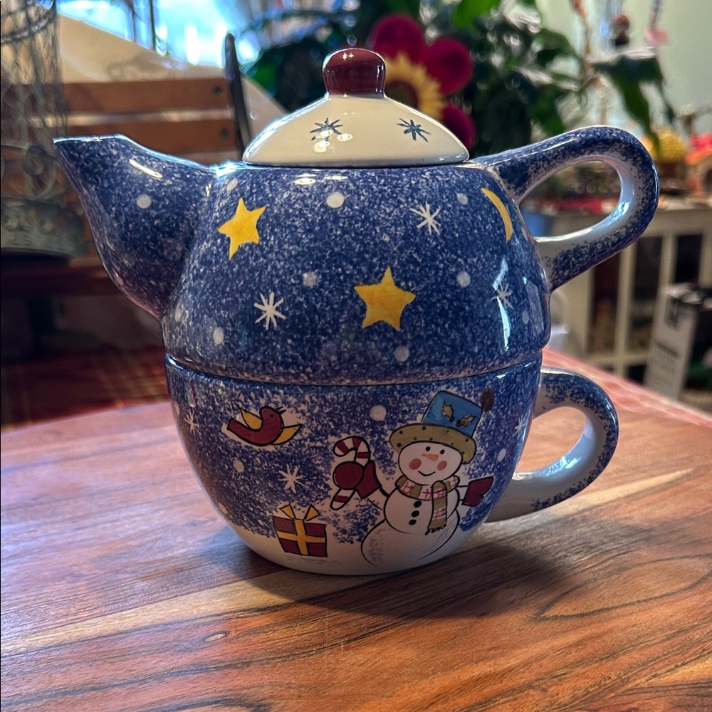 Vintage 1980’s Studio Nova Frosty Snowman Tea-For-One Set Discontinued KT405